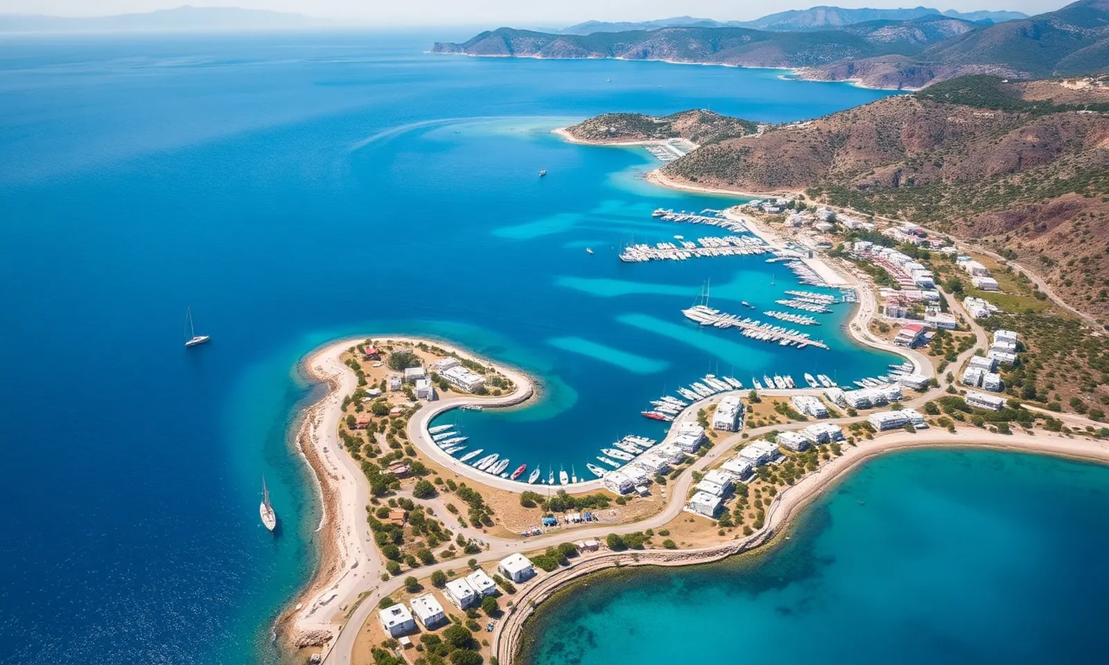 Bodrum Yarımadası'nın koyları ve yerleşimlerini gösteren genel görünüm