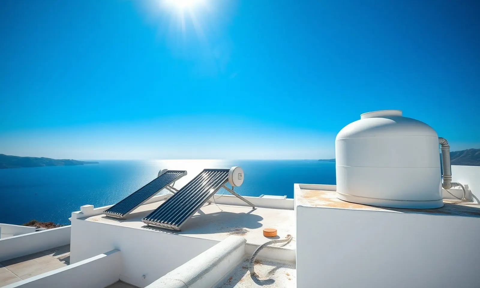 Bodrum'da bir çatıya monte edilmiş güneş enerjisi kolektörü ve sıcak su deposu